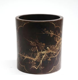 A ROSEWOOD BRUSH POT ENGRAVED WITH PLUM BLOSSOM AND POEM