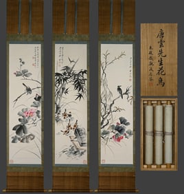Group of Three Chinese Drawing Flower and Bird Painting,Tang Yun Mark