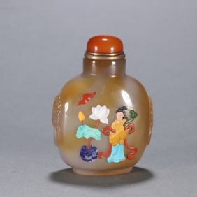 Agate Multi GemStone Inlaid Carved Beauty Pattern Snuff Bottle