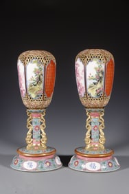 Pair of Famille Rose Gold Drawing Flower and Bird Pattern Porcelain Incense Burner
