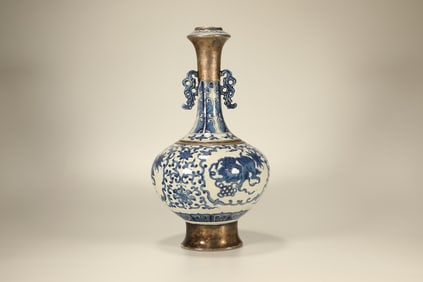 Blue and White Inlaid Silver Lion Pattern Porcelain Double Ears Vase