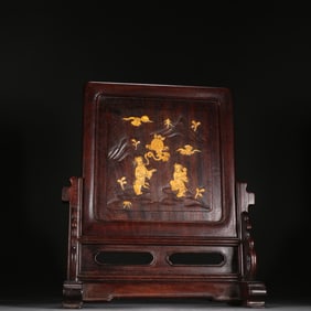 Red Sandalwood Inlaid Gem Stone Carved Character Story Pattern Table Plaque