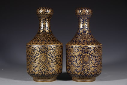Pair of Bright Blue Glazed Gold Drawing Flower Pattern Porcelain Vase