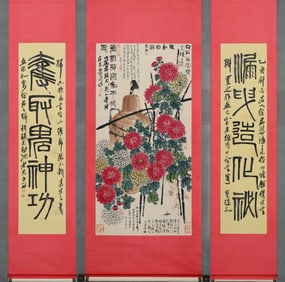 Group of Three Chinese Drawing Flower and Bird Painting and Chinese Writing Calligraphy Antithetical