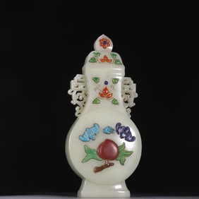 Jade Inlaid Gem Stone Carved Bat and Peach Pattern Vase