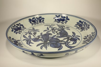 Blue and White Flower and Bird Pattern Porcelain Plate