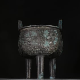 Chinese Bronze Carved Beast Face Pattern Double Ears Incense Burner