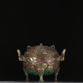 Chinese Bronze Gold and Silver Inlaid Carved Beast Pattern Double Ears Incense Burner