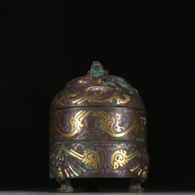 Chinese Bronze Gold and Silver Inlaid Carved Dragon Pattern Lid Box