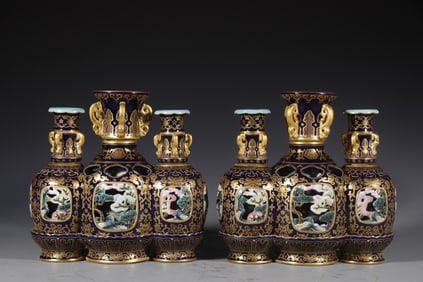 Pair of Bright Blue Glazed Gold Drawing Landscape and Flower Pattern Porcelain Movable Vase