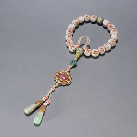 Agarwood Inlaid White Pearl Carved Flower Pattern Eighteen Praying Bead Bracelet