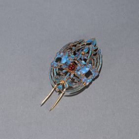 Gilt Silver Inlaid Blue Feather Carved Flower and Bird Pattern Hairpin