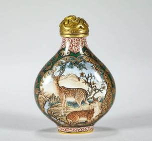 Bronze Enamel Blue Base Pine Tree and Deer Pattern Snuff Bottle