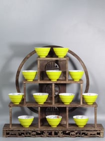 Group of Twelve Yellow Base Famille Rose Flower Pattern Porcelain Cup