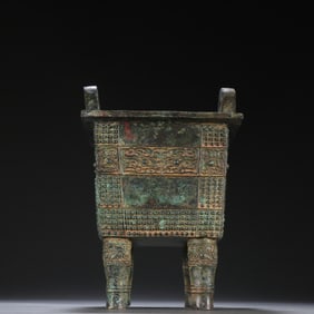 Chinese Bronze Carved Beast Face Pattern Double Ears Ding