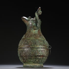 Chinese Bronze Carved Beast Face Pattern Handle Zun