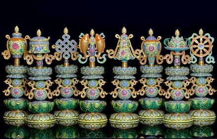 Group of Eight Famille Rose Gold Drawing Flower Pattern Porcelain Eight Treasure Shape Figure