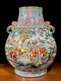 Famille Rose Horse Pattern Porcelain Double Ears Vase