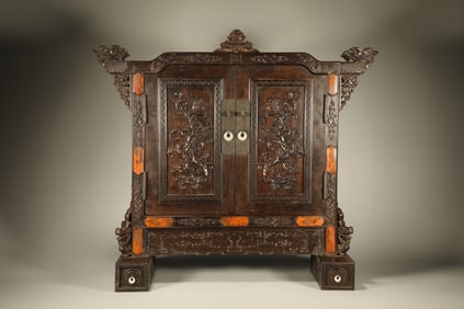 Red Sandalwood Inlaid Jadeite Carved Landscape and Character Pattern Table Plaque