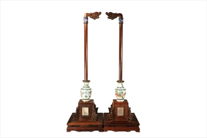 Pair of Huanghuali Wood Carved Dragon Pattern Light