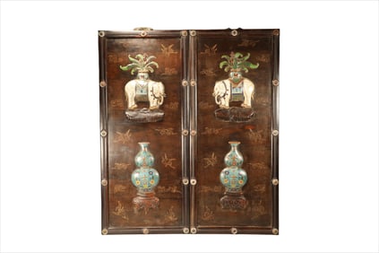 Pair of Red Sandalwood Inlaid Bronze Cloisonne Carved Elephant and Vase Pattern Wall Panel