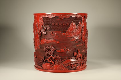 Lacquerware Red Carved Landscape and Character Pattern Brush Pot