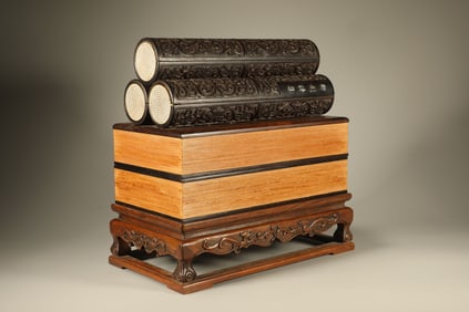 Group of Seven Red Sandalwood Box and Shoushan Tianhuang Carved Beast Shape Stone Seal and Famille