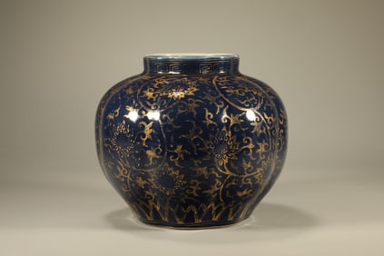 Bright Blue Glazed Gold Drawing Flower Pattern Porcelain Pot