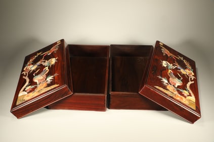 Pair of Huanghuali Wood Inlaid Multi GemStone Carved Peach and Crane Pattern Lid Box