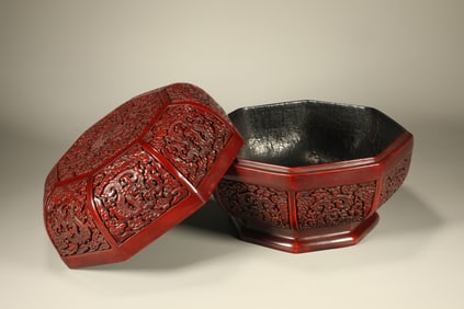 Lacquerware Red Carved Flower and Dragon Pattern Lid Box