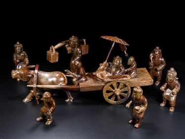 Group of Seven Jade Carved Character and Ox Shape Figure