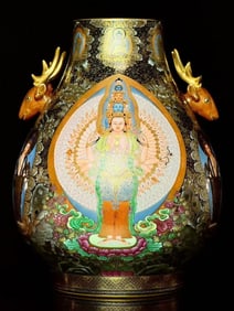 Famille Rose Gold Drawing Thousand Hand GuanYin Pattern Porcelain Double Deer Ears Vase