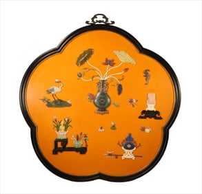 Red Sandalwood Inlaid Bronze Cloisonne and Multi GemStone Carved Flower and Crane Pattern Wall Panel