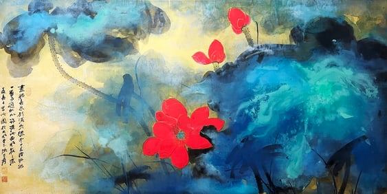 Zhang Daqian mark, Chinese Lotus Pond Painting, Ink and Color on Paper, Mounted