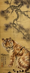 Xu Beihong, Zhang Daqian mark, Chinese Tiger Painting, Ink and Color on Silk, Mounted