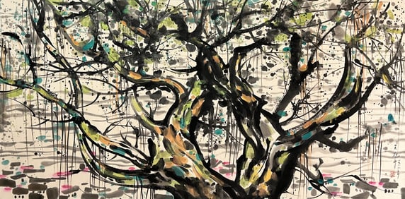 Wu Guanzhong mark, Chinese Banyan Tree Painting, Ink and Color on Paper, Mounted