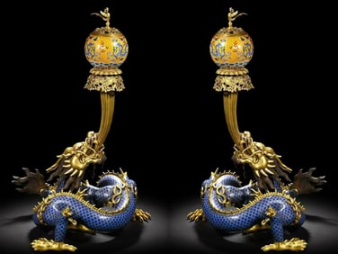 Pair of Bronze Cloisonne Carved Dragon Shape Incense Burner