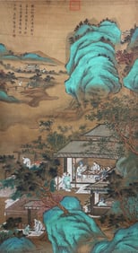 Qiu Ying mark, Chinese Scholars and Landscape Painting, Ink and Color on Silk, Hanging Scroll