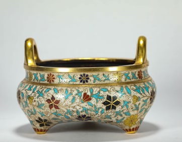 Bronze Cloisonne Carved Flower Pattern Double Ears Incense Burner