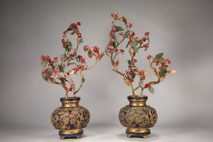 Pair of Fruit Tree and Gilt Bronze Inlaid Gem Stone Carved Flower Pattern Vase
