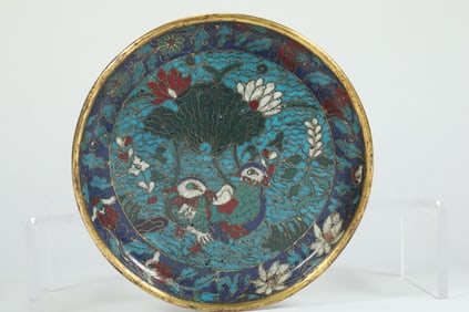 Bronze Cloisonne Carved Lotus Flower and Mandarin Duck Pattern Plate