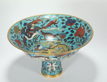 Bronze Cloisonne Carved Dragon and Phoenix Pattern High Foot Cup