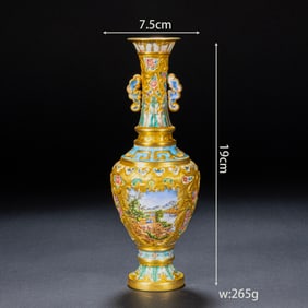 Silver Enamel Blue Base Landscape Pattern Double Ears Vase