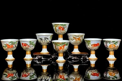 Group of Eight Enamel Drawing Gold Drawing Horse Pattern Porcelain Cup