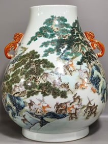 Famille Rose Pine Tree and Deer Pattern Porcelain Double Dragon Ears Zun