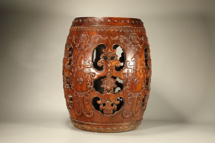 Huanghuali Wood Carved Flower Pattern Stool