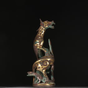 Chinese Bronze Gold and Silver Inlaid Carved Dragon Shape Figure