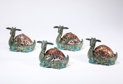 A Gold-Inlaid Bronze 'Deer' Paperweight with Turquoise