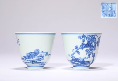 A Pair of Blue and White 'Fruit-and-Mandarin Ducks' Cups