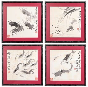 Qi Baishi (1864-1957), attributed to, Aquatic Creatures (Four-Panel Screen)